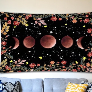 Moon Phases Witchy Tapestry, Floral Lunar Wall Tapestry, Celestial Moon Decor, Spiritual Tapestry, Moon Wall Art, Room Wall Decor