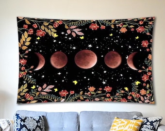 Moon Phases Witchy Tapestry, Floral Lunar Wall Tapestry, Celestial Moon Decor, Spiritual Tapestry, Moon Wall Art, Room Wall Decor