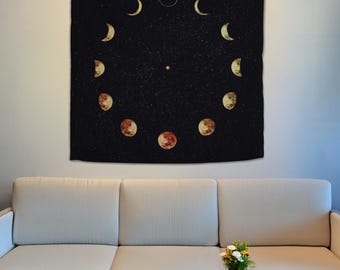 Tapeçaria Celestial, Arte de Parede com Fases da Lua, Grande Tapeçaria de Parede, Decoração com Fases da Lua, Tapeçaria para Dormitório, Tapeçaria das Fases da Lua, Decoração de Parede com Tema Lunar