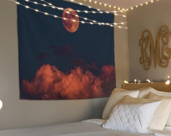Tapeçaria decorativa estética, tapeçaria da lua, decoração celestial de parede, tapeçaria de parede, decoração lunar, tapeçaria de parede com lua, tapeçaria para pendurar na parede