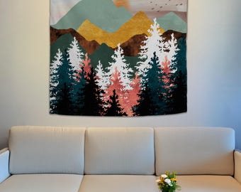 Bergtapijt, landschapskunst aan de muur, natuurtapijt, abstracte bergmuurdecor, kunst aan de grote muur, landschapstapijt, woonkamerdecor