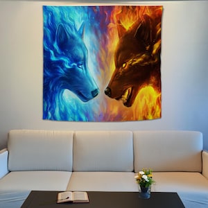 Fire and Ice Wolf Wall Hanging, Wolf Tapestry, Wolf Wall Decor, Large Wolf Art, Wolf Lover Gift, Animal Decor, Mystical Wolf Wall Tapestry