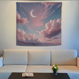 Pink Sky Wall Tapestry, Cloud Backdrop Wall Art, Moon Wall Hanging, Nature Wall Tapestry, New Home Gift, Scenery Tapestry, Above Bed Decor