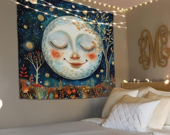 Tapiz de pared con cara de luna, tapiz lunar, tapiz para sala de estar, tapiz lunar, arte lunar, decoración de arte en tapiz, tapiz para colgar en la pared, tapiz de pared lunar