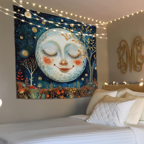Moon Face Wall Art, Moon Tapestry, Living Room Tapestry, Lunar
