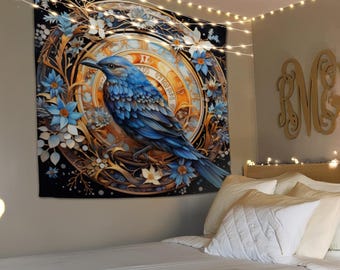 Tapiz de pájaro azul, regalo para amantes de las aves, decoración de pared grande, decoración estética del hogar, arte de pared de pájaros, regalo para ella, tapiz para colgar en la pared