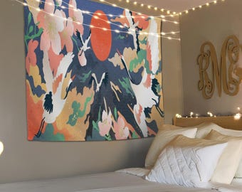 Bird Wall Tapestry, Japanese Crane Art, Asian Wall Hanging, Home Decor, Asian Bird Art, Cranes Wall Art, Peaceful Decor, Bird Wall Art