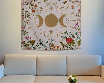 月の満ち欠けタペストリー、花柄タペストリー、天体月装飾、植物壁掛け、天体タペストリー、寮の装飾ギフト、部屋の壁掛け