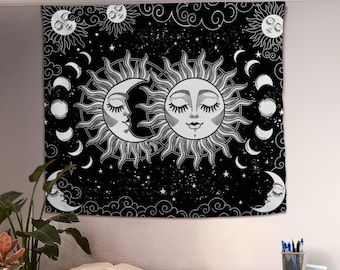 Psychedelic Moon and Sun Wall Tapestry, Tapestry Wallhanging, Mystic Tapestry, Aesthetics Tapestry, Black Tapestry, Tapestry Art Decor