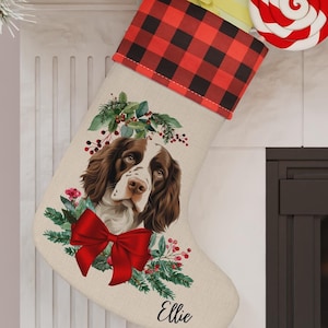 May include: A Christmas stocking with a dog portrait, a red bow, and the name "Ellie." The stocking has a red and black buffalo plaid cuff. A red and white swirled lollipop and gifts are visible.