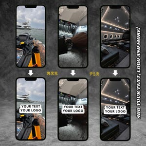 May include: A collage of three images showing a jet ski, a luxury watch, and a private jet interior. The images are arranged in a grid with the text "YOUR TEXT, LOGO AND MORE!" at the bottom right corner.