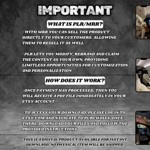 May include: A black and white text graphic with the word "IMPORTANT" in large letters at the top. The text explains the difference between PLR and MRR, and how to access a digital product download.