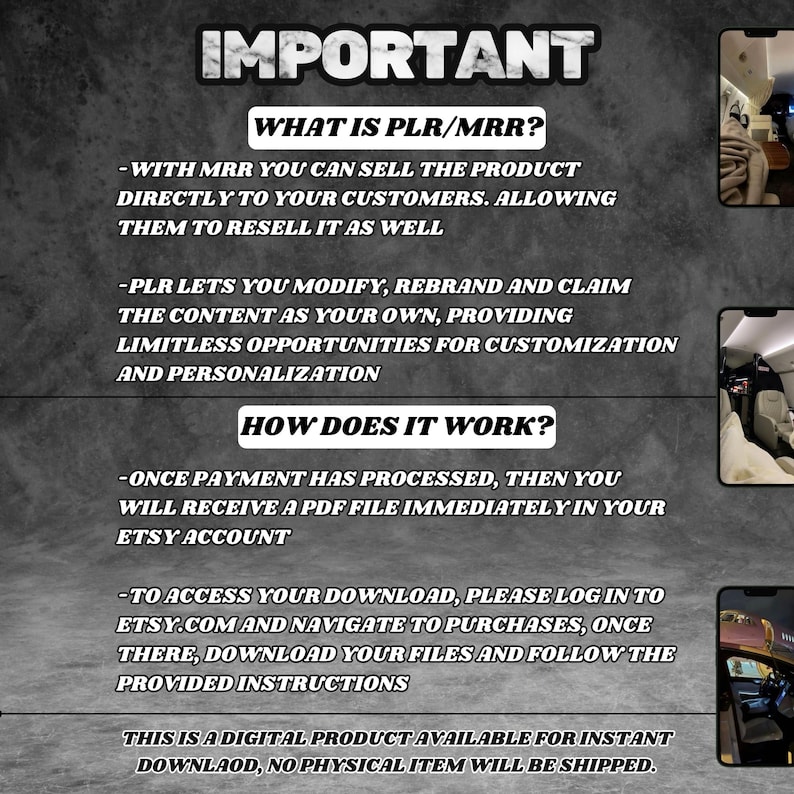 May include: A black and white text graphic with the word "IMPORTANT" in large letters at the top. The text explains the difference between PLR and MRR, and how to access a digital product download.