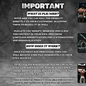 May include: A black and white image with text explaining the terms PLR and MRR. The text explains that PLR lets you modify, rebrand, and claim the content as your own. MRR lets you sell the product directly to customers and allows them to resell it as well. The text also explains how the product works and that it is a digital product available for instant download.
