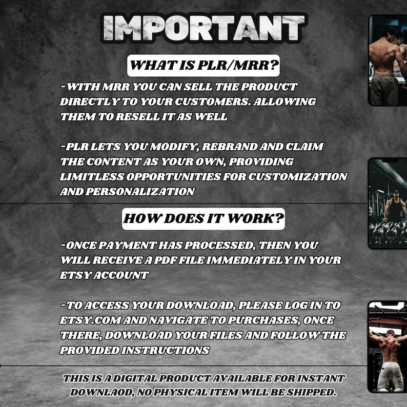 May include: A black and white image with text explaining the terms PLR and MRR. The text explains that PLR lets you modify, rebrand, and claim the content as your own. MRR lets you sell the product directly to customers and allows them to resell it as well. The text also explains how the product works and that it is a digital product available for instant download.