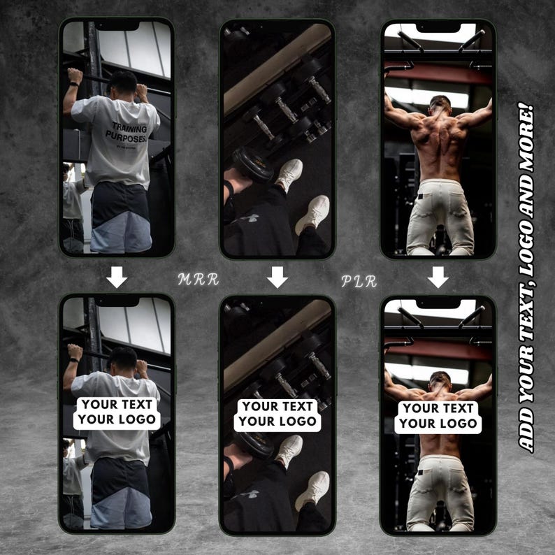 May include: A collage of three images showing a person doing pull-ups on a pull-up bar. The images are cropped to show different angles of the person. The text "Training Purposes" is visible on the person's shirt in the first image. The text "Your Text, Your Logo" is visible in the second and third images.