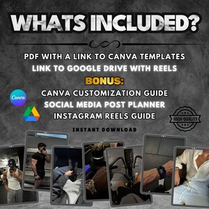 May include: A digital marketing guide with a black and white image of a person in the background. The guide includes Canva templates, a Google Drive link with reels, a Canva customization guide, a social media post planner, and an Instagram reels guide. The text "WHATS INCLUDED?" is at the top of the image. The text "INSTANT DOWNLOAD" is at the bottom of the image. A high quality seal is in the upper right corner of the image.