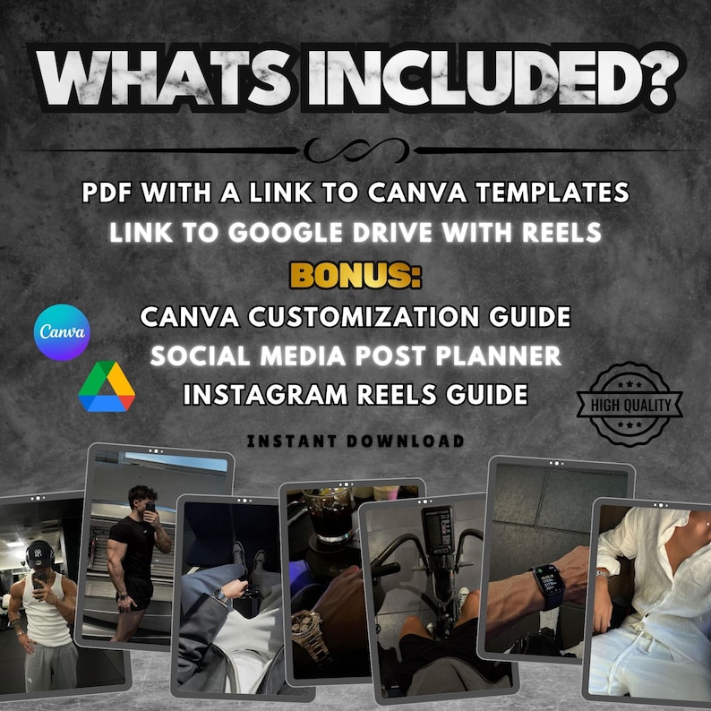 May include: A digital marketing guide with a black and white image of a person in the background. The guide includes Canva templates, a Google Drive link with reels, a Canva customization guide, a social media post planner, and an Instagram reels guide. The text "WHATS INCLUDED?" is at the top of the image. The text "INSTANT DOWNLOAD" is at the bottom of the image. A high quality seal is in the upper right corner of the image.