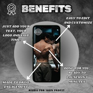 May include: A graphic showing the benefits of using a pre-made social media post template. The benefits include: easy to edit and customize, just add your text, your logo and save time, made to drive engagement, done for you, ready to launch in 5 minutes, and resell for 100% profit.