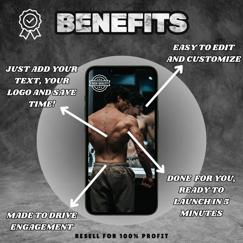 May include: A graphic showing the benefits of using a pre-made social media post template. The benefits include: easy to edit and customize, just add your text, your logo and save time, made to drive engagement, done for you, ready to launch in 5 minutes, and resell for 100% profit.