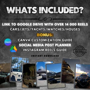 May include: A digital marketing guide for social media with over 14,000 reels of luxury cars, jets, yachts, watches, and houses. The guide includes Canva customization, social media post planning, and Instagram reels tips.  The guide is available for instant download.
