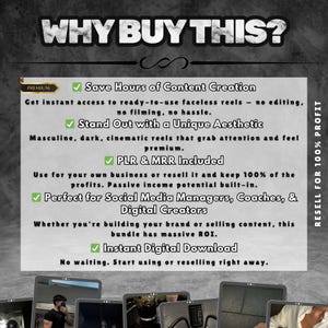May include: A white and black graphic with a green checkmark next to each point. The graphic lists the benefits of buying a product, including saving hours of content creation, standing out with a unique aesthetic, including PLR & MRR, being perfect for social media managers, coaches, and digital creators, and having an instant digital download. The graphic also includes the text "WHY BUY THIS?" and "RESELL FOR 100% PROFIT".