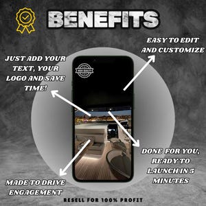 May include: A graphic showing the benefits of using a mobile phone template. The benefits include: easy to edit and customize, just add your text, your logo and save time, made to drive engagement, done for you, ready to launch in 5 minutes, and resell for 100% profit.