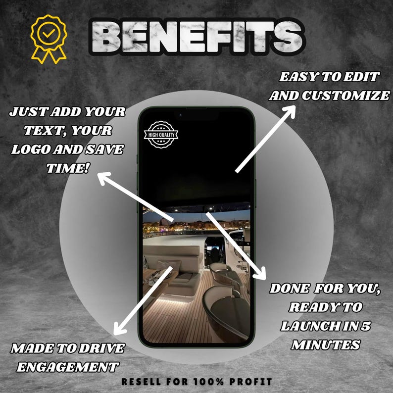 May include: A graphic showing the benefits of using a mobile phone template. The benefits include: easy to edit and customize, just add your text, your logo and save time, made to drive engagement, done for you, ready to launch in 5 minutes, and resell for 100% profit.