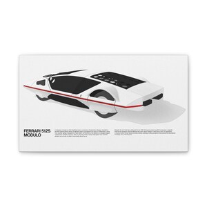 May include: White Ferrari 512S Modulo illustration with a red stripe and black accents. The car has a low profile and a sleek, futuristic design. The text "FERRARI 512S MODULO" is printed in black on the left side.