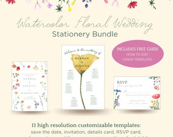 Watercolor Floral Wedding Stationery + Signage Bundle, Wedding Reception Package, Wedding Signs and Table Number Bundle, Editable Templates