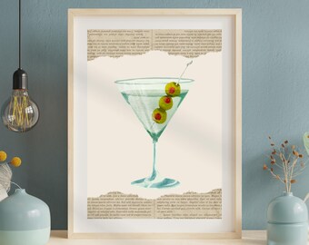 Olive Martini Glass Printable Art Poster, Apartment Aesthetic Decor, Retro Printed Gift, Kitchen Wall Art, Bar Cocktail, Didgital Downlowd