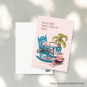 Postal de gato con libro de yoga (tarjeta de felicitación A6, 101 × 152 mm), tarjeta de animales, impresión artística, idea de regalo, yoga, rosa, divertido, humor, linda ilustración