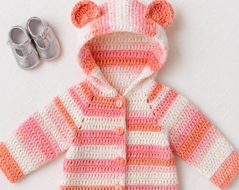 Patrón de sudadera con capucha de osito de crochet: cárdigan con botones raglán (patrón PDF)