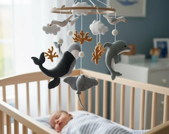 Ocean Baby Mobile – Handmade Felt Crib Mobile with Whale, Dolphin & Sea Animals | Coastal Nursery Decor Handmade Wool Felt Wood Hoop