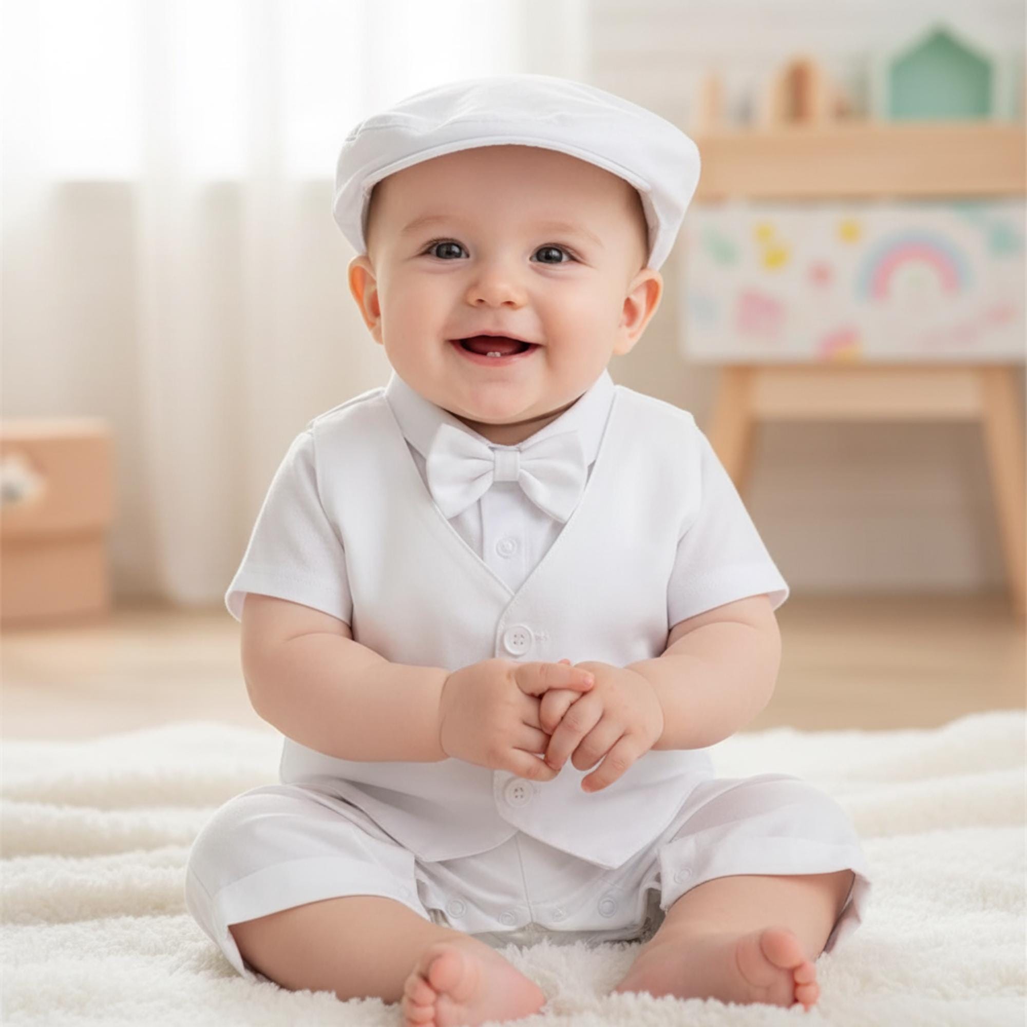 Abito Battesimo Neonato Maschio – Gilet E Cappello Bianco In Poliestere Con Ricamo Colomba