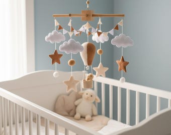Hot-Air Balloon Baby Mobile with Teddy — Clouds, Stars & Bunting