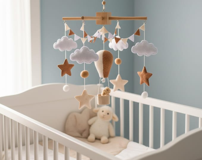 Hot-Air Balloon Baby Mobile with Teddy — Clouds, Stars & Bunting