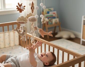 Coral Coastal Ocean Themed Baby Mobile | Handmade Felt Crib Mobile for Nursery Decor | Under the Sea Mobile Handmade Wool Felt Wood Hoop