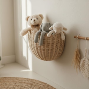 Può includere: Un cestino in vimini intrecciato con bordo smerlato è montato su una parete bianca e contiene tre peluche: un orsacchiotto beige con fiocco, un coniglietto grigio e un agnello bianco. Il cestino è pieno di peluche.