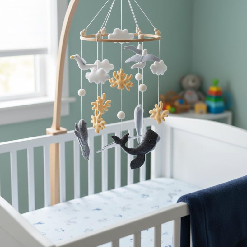 May include: A white cot with a blue patterned sheet. A wooden mobile hangs above, featuring felt sea creatures, clouds, and coral in grey, white, and yellow. The mobile is suspended from a wooden arch, creating a calming nursery scene.