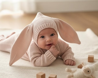 May include: A baby in a pale pink bunny hat and matching outfit, lying on a cream blanket. The hat has long, floppy ears. Wooden blocks and a soft toy are placed near the baby.