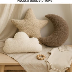 Plush Bouclé Teddy Cushion | Cream & Taupe Nursery Decor | Crescent Moon / Cloud / Star Pillow | Gender Neutral Baby Gift