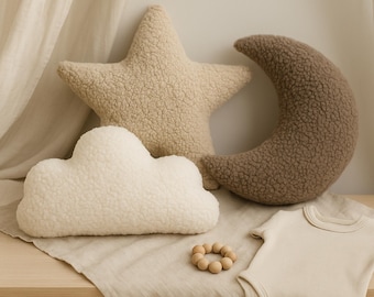 Plush Bouclé Teddy Cushion | Cream & Taupe Nursery Decor | Small Crescent Moon / Cloud / Star Pillow | Gender Neutral Baby Gift