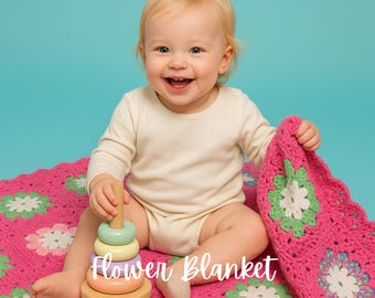Crochet Baby Blanket Pattern: Pink Granny Square Flower Afghan (PDF Pattern)