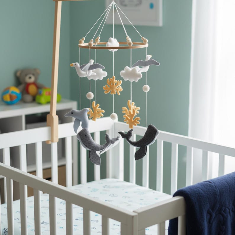 May include: A white cot with a blue and white patterned sheet. A handmade mobile hangs above the cot, featuring felt whales, dolphins, seagulls, clouds, and coral in shades of grey, white, and yellow.