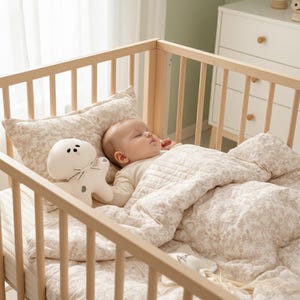 May include: A sleeping baby in a wooden crib, nestled under a floral patterned blanket and pillow. A stuffed animal is placed next to the baby. The crib is in a room with a white dresser.