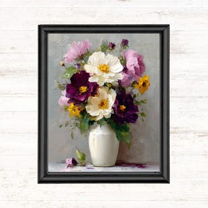 Elegant Floral Oil Painting Print, Impressionist Flower Bouquet Digital Art, Colorful Botanical Wall Decor, Modern Vase Painting Download