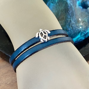 Silver Sea Turtle Ocean 2 Strand Blue Leather Stackable Bracelet