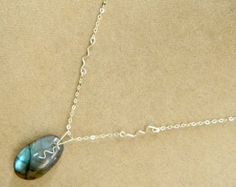 SALE Blue Vein Labradorite Stone and Sterling Silver Pendant Necklace