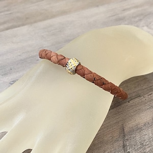 Gold and Silver Dotted Bead Beige Brown Braided Cork Cord Cuff Bracelet